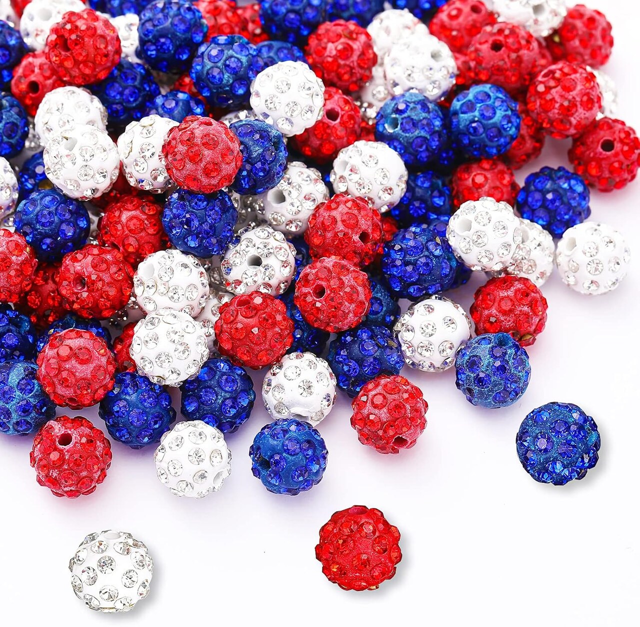 270 Pcs 4th of July Rhinestones Clay Beads 10 mm Red White and Blue Patriotic Disco Ball Beads Polymer Round Crystal for Independence Day DIY Necklace Bracelet Jewelry Making